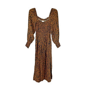 H&M Long Sleeve Animal Print Smocked Midi Dress Sz XS